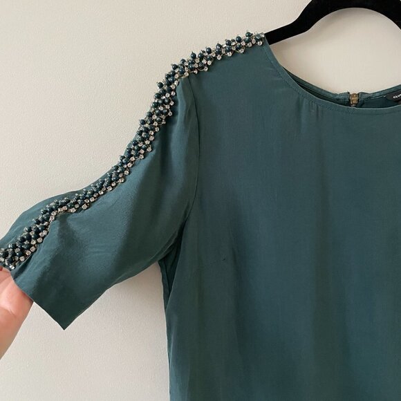 Club Monaco Beaded Short Sleeve Round Neck Shift Mini Dress Moss Green 2 - Picture 9 of 9